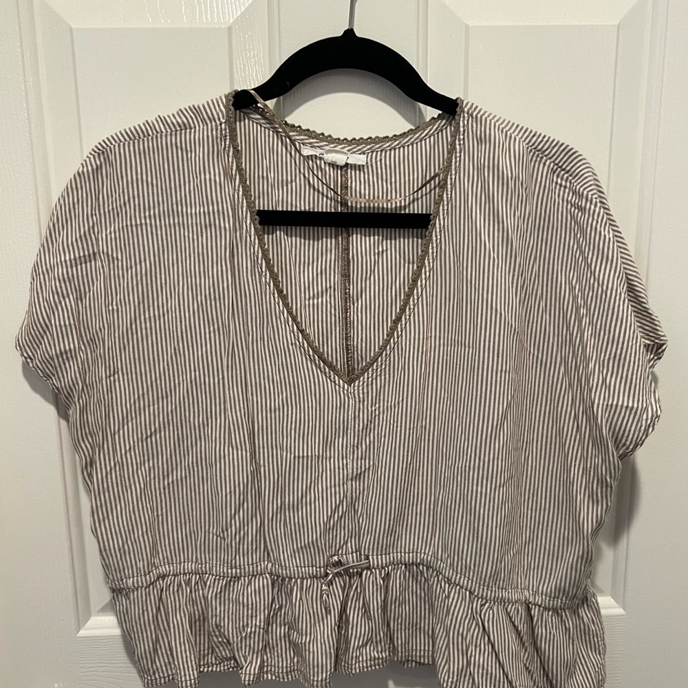 O’Neill V-Neck Brown White Stripe Crop Peplum Top Size L